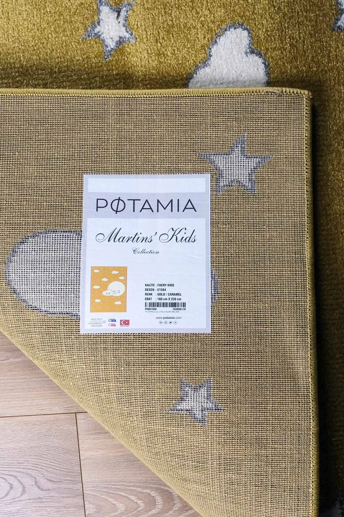 Potamia Martins Kids Hardal Bulutlu Yıldız Desenli Kaymaz Taban Leke Tutmaz Çocuk ve Genç Odası Halısı E1584 - Thumbnail